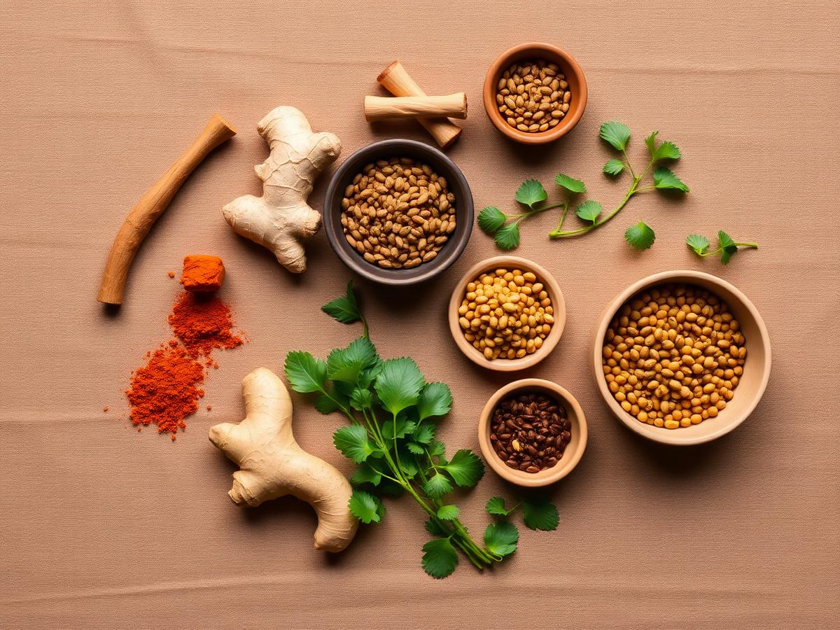 Especias y alimentos naturales como cúrcuma, jengibre, lentejas y cilantro sobre tela color taupe