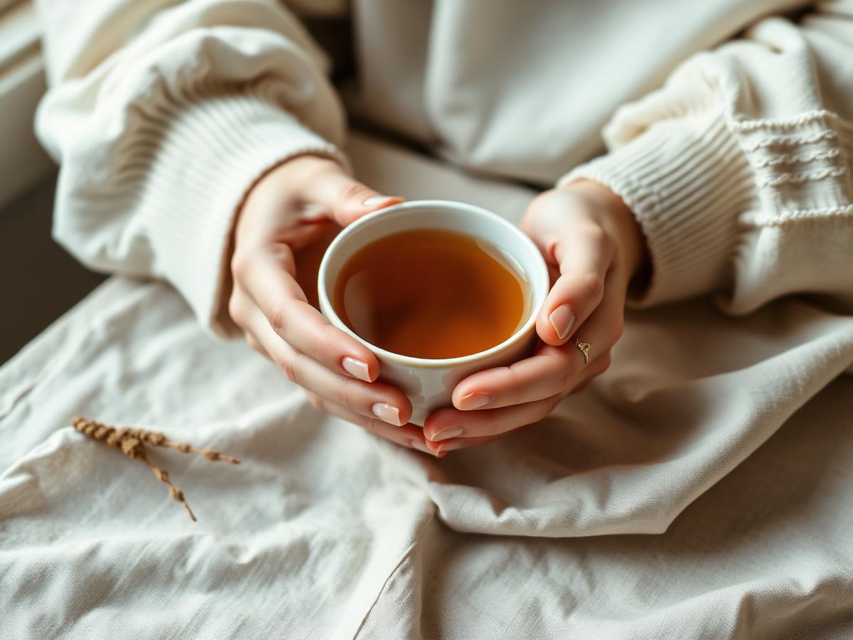 Manos sosteniendo con calma una taza de infusión sobre un mantel de lino claro